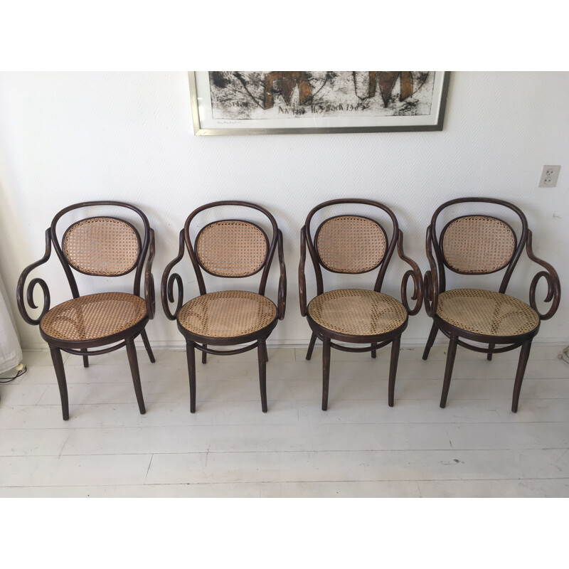 Set of 4 vintage chairs for ZPM Radomsko in bentwood and rattan