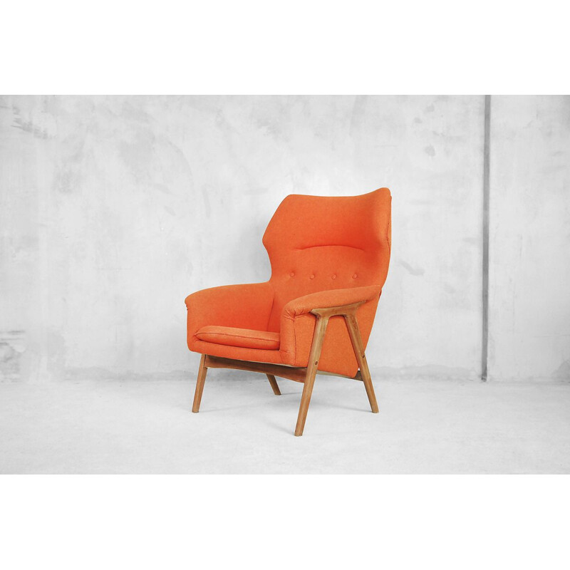 Vintage armchair for Bruksbo Nesjestranda in orange fabric and elmwood 1960