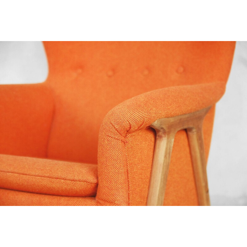 Vintage armchair for Bruksbo Nesjestranda in orange fabric and elmwood 1960