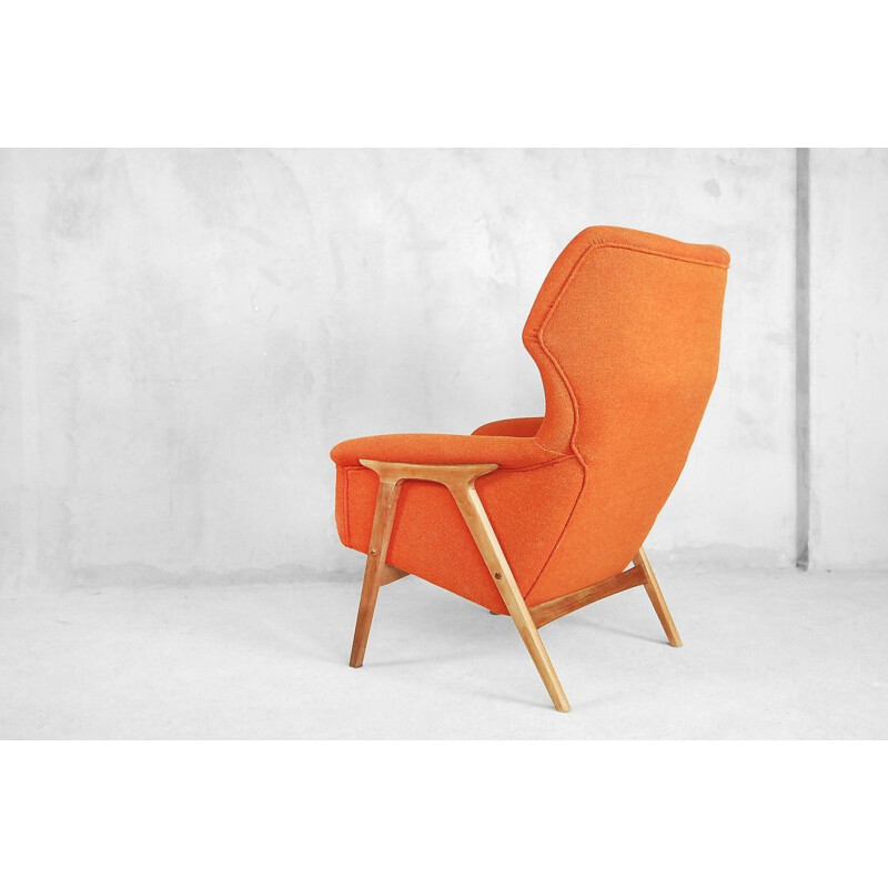 Vintage armchair for Bruksbo Nesjestranda in orange fabric and elmwood 1960