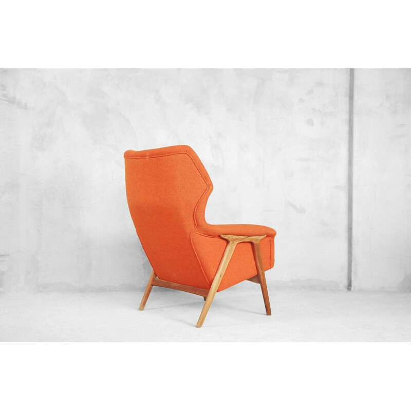 Vintage armchair for Bruksbo Nesjestranda in orange fabric and elmwood 1960