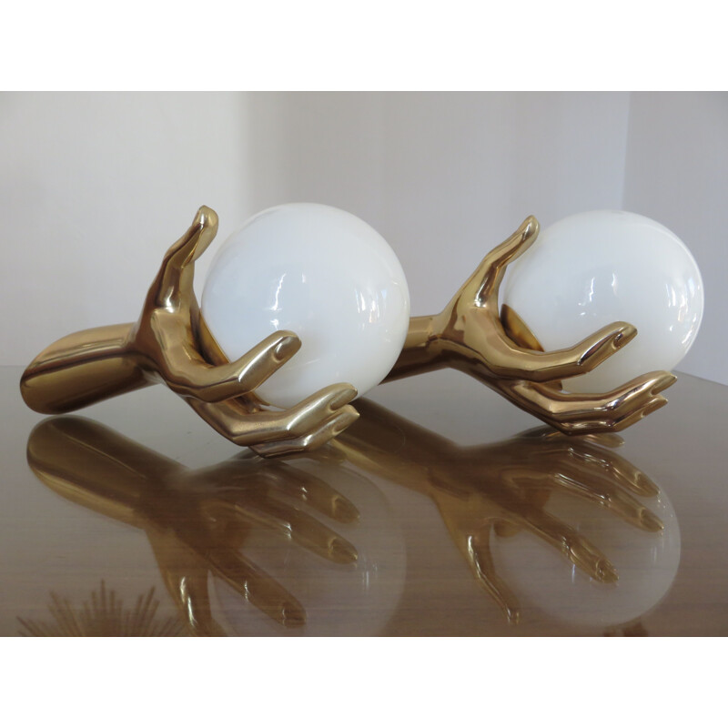 Pair of french vintage sonces for Arlus in brass and opaline 1960