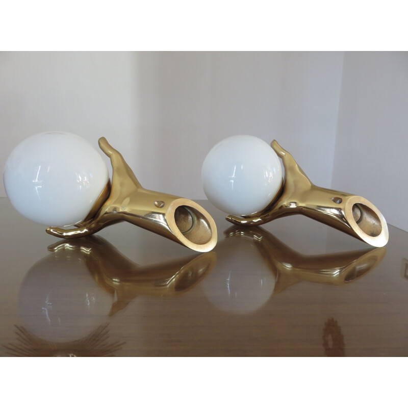 Pair of french vintage sonces for Arlus in brass and opaline 1960