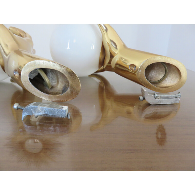Pair of french vintage sonces for Arlus in brass and opaline 1960