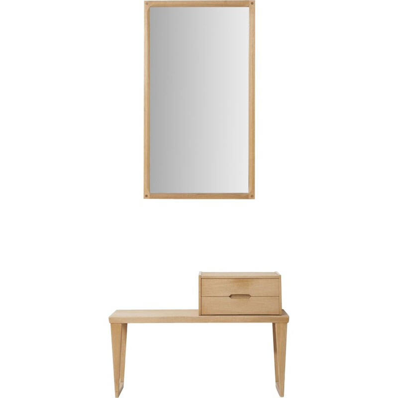 Vintage set of a chest of drawers and a mirror for Aksel Kjersgaard in oakwood