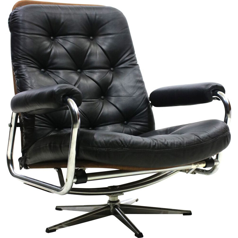 Vintage danish armchair in black leather and metal 1970