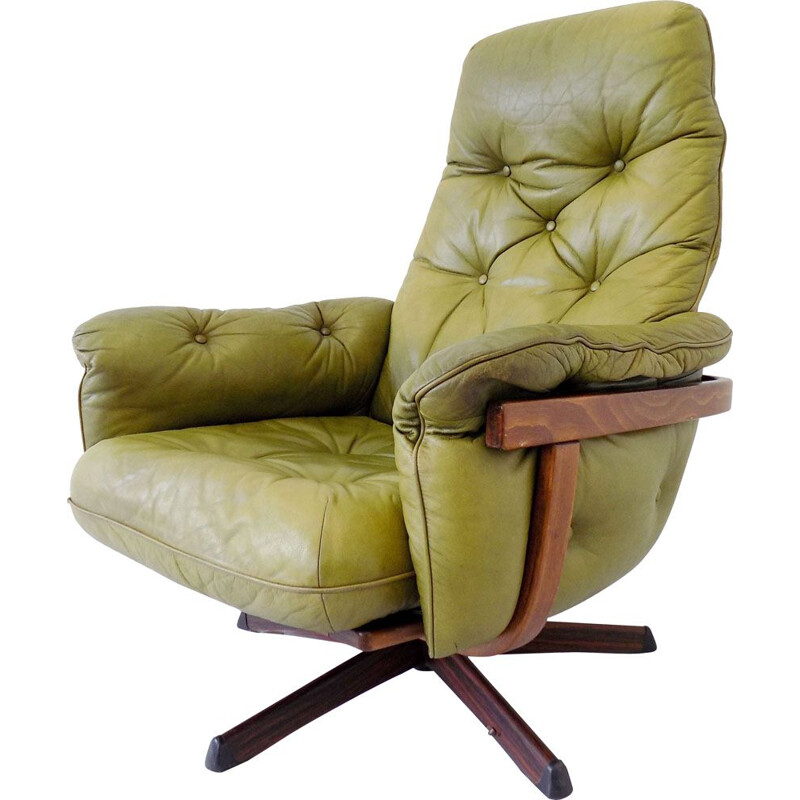 Fauteuil vintage scandinave pour Göte Mobler en cuir vert 1970