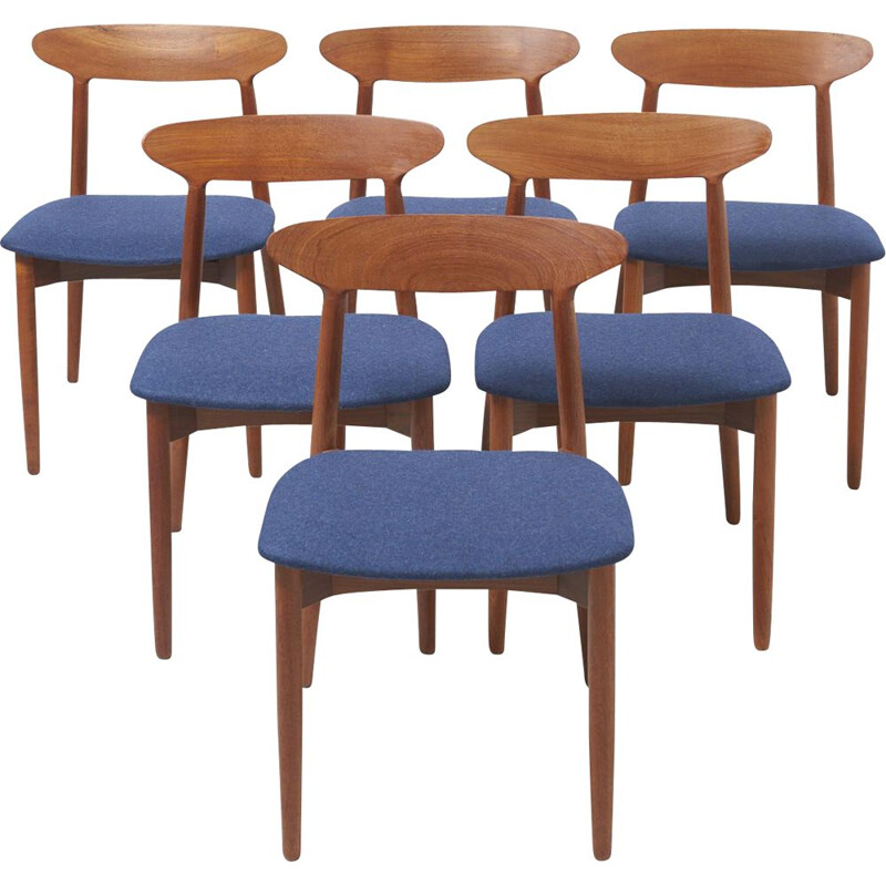 Set of 6 vintage 59 chairs for AS Randers in teakwood and blue fabric 1950