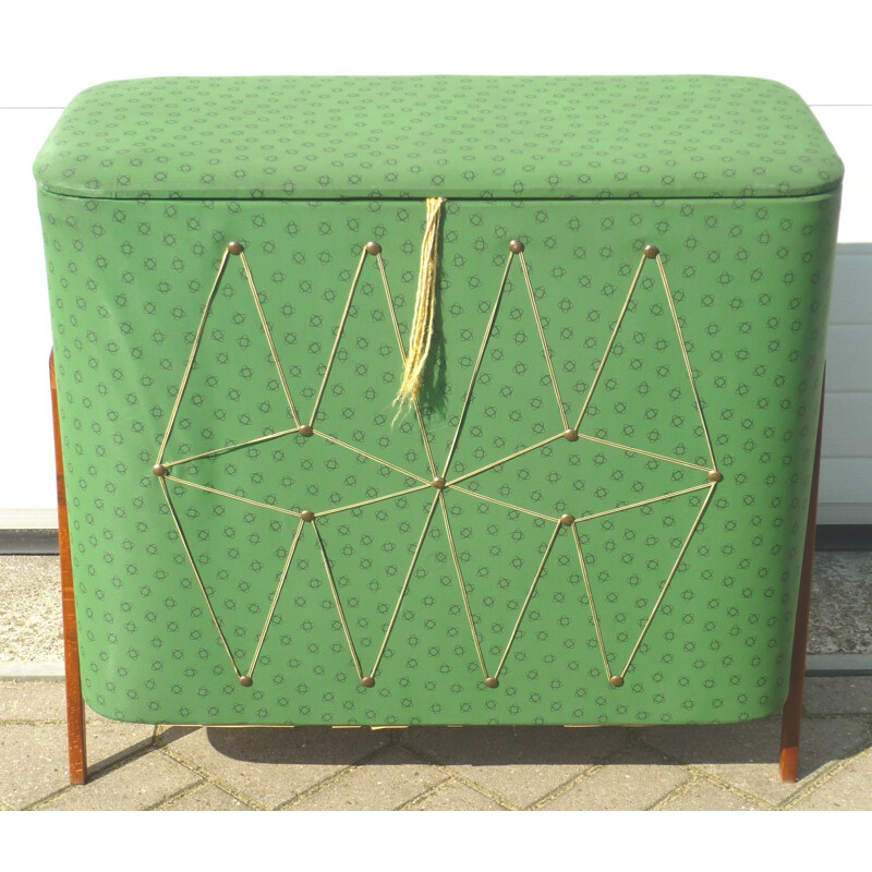 Vintage laundry basket in wood and leatherette - 1964
