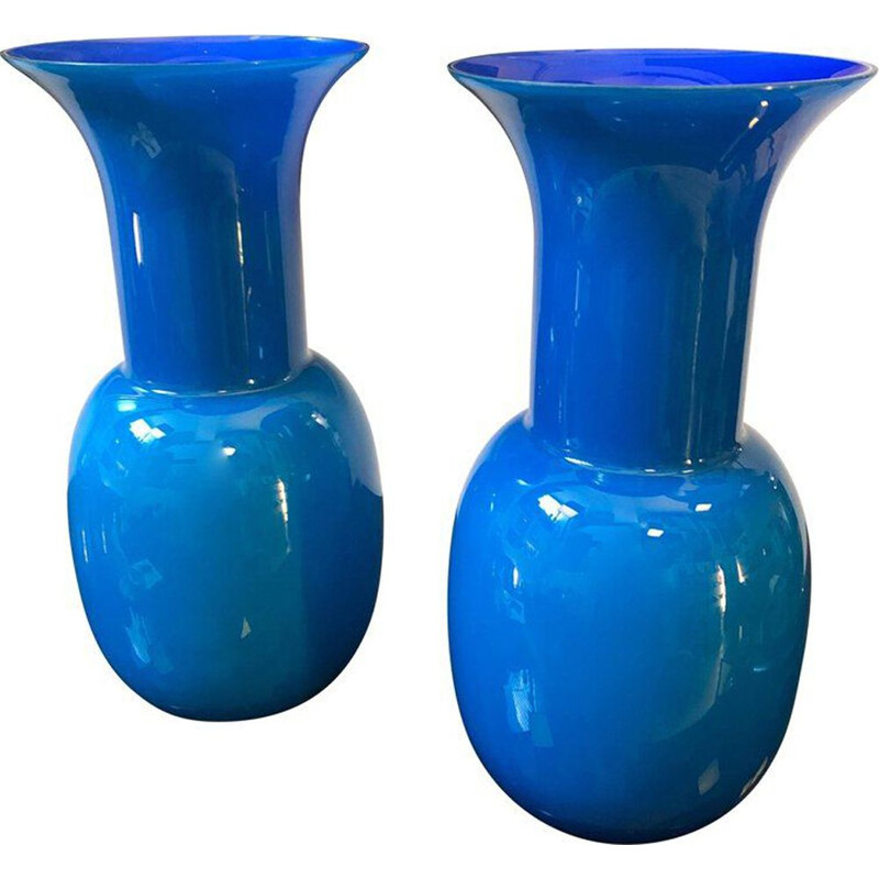 Pair of vintage vases Blue Murano Glass by Aureliano Toso 