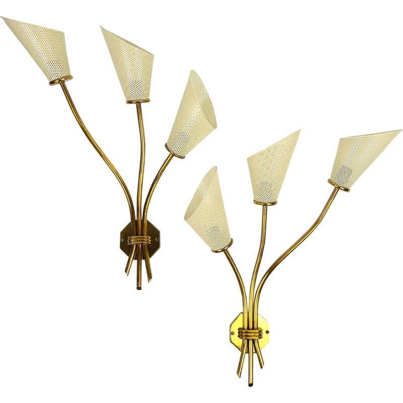 Pair of vintage sconces by Kobis & Lorence in white metal and brass 1950