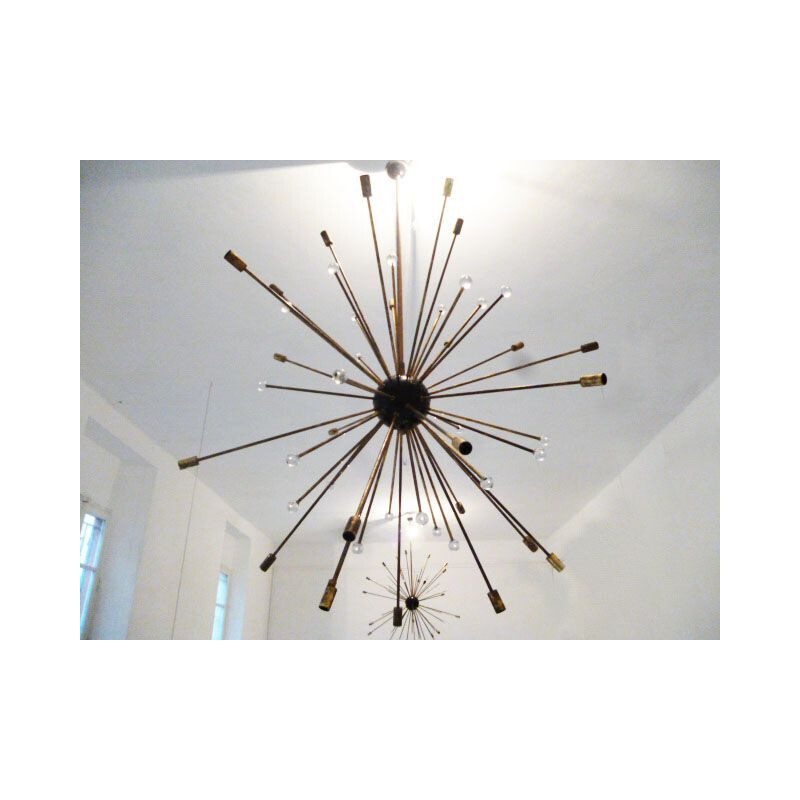 Vintage chandelier Star 24 lights brass and Murano Crystal Italy 1970s