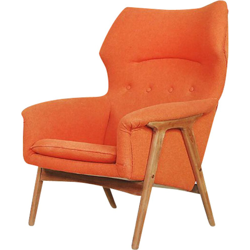 Vintage armchair for Bruksbo Nesjestranda in orange fabric and elmwood 1960