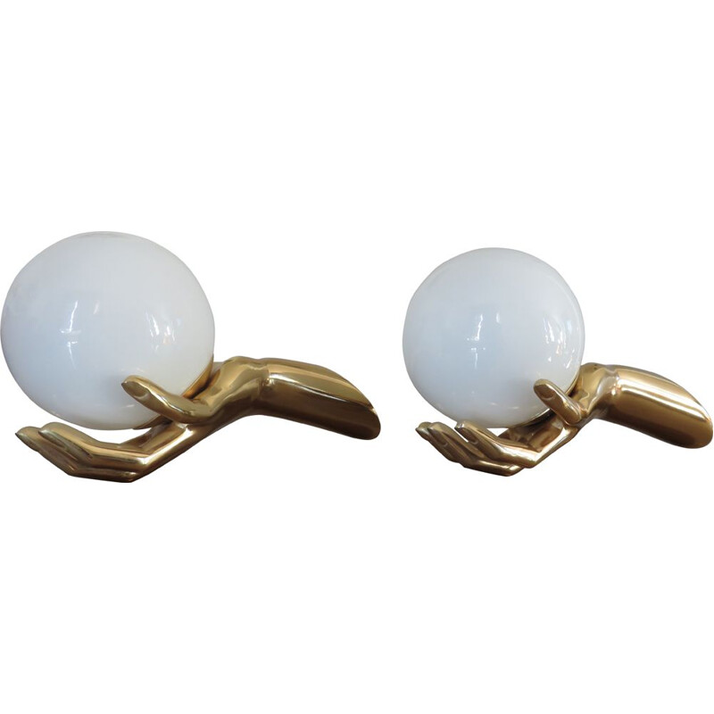 Pair of french vintage sonces for Arlus in brass and opaline 1960