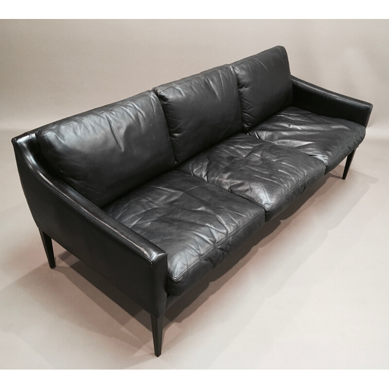 Vintage black 3-seater Scandinavian vintage leather sofa,1950