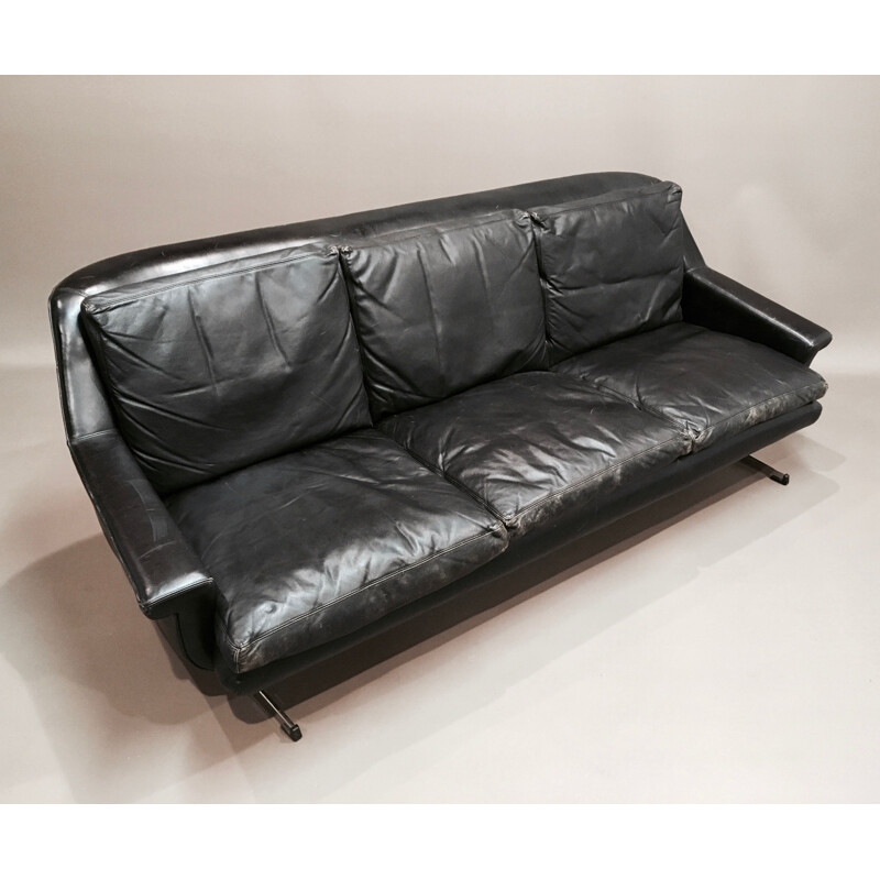 Vintage black 3-seater sofa in fully leather and chrome,1950
