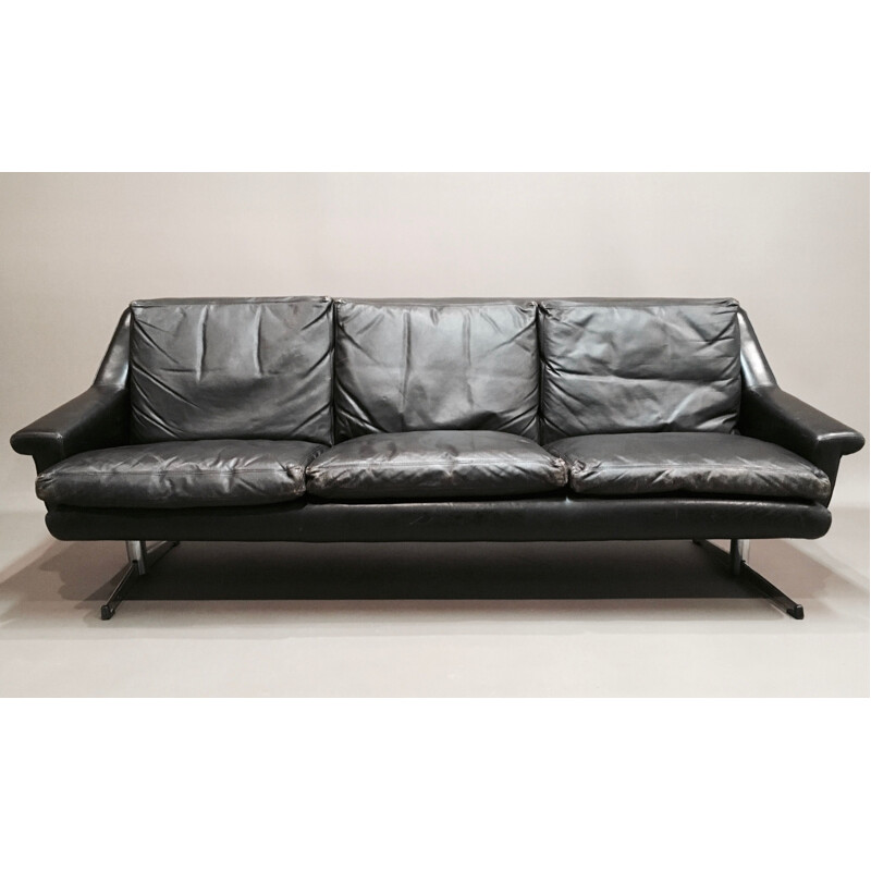 Vintage black 3-seater sofa in fully leather and chrome,1950