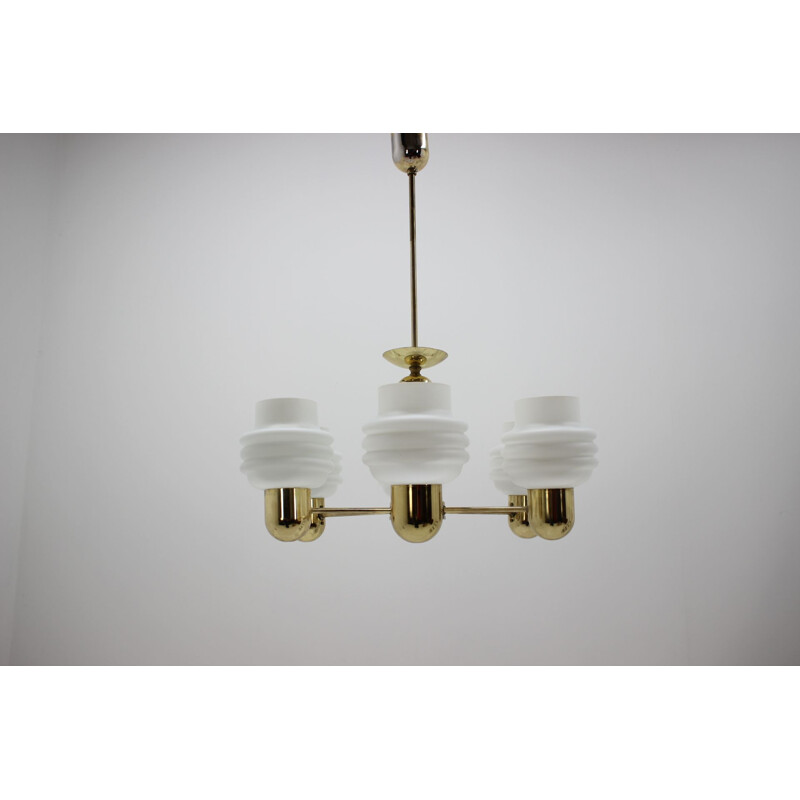 Vintage chandelier by Kamenický Šenov in brass and milk glass 1960