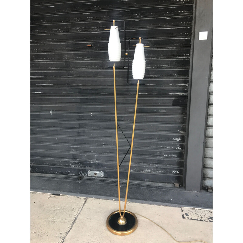 Vintage Italian floor lamp in black metal and opaline 1950