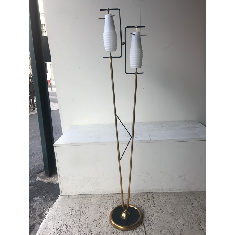 Vintage Italian floor lamp in black metal and opaline 1950