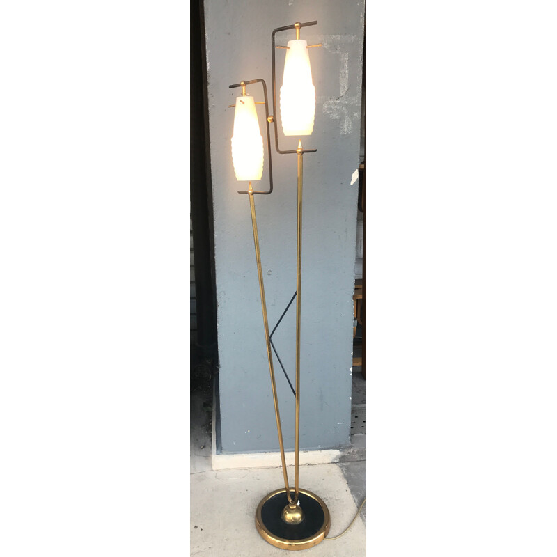 Vintage Italian floor lamp in black metal and opaline 1950