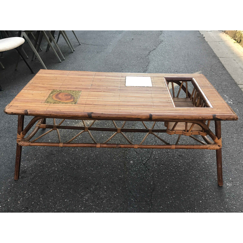 French vintage coffee table in rattan 1950