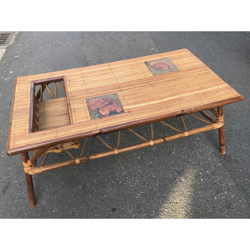 French vintage coffee table in rattan 1950