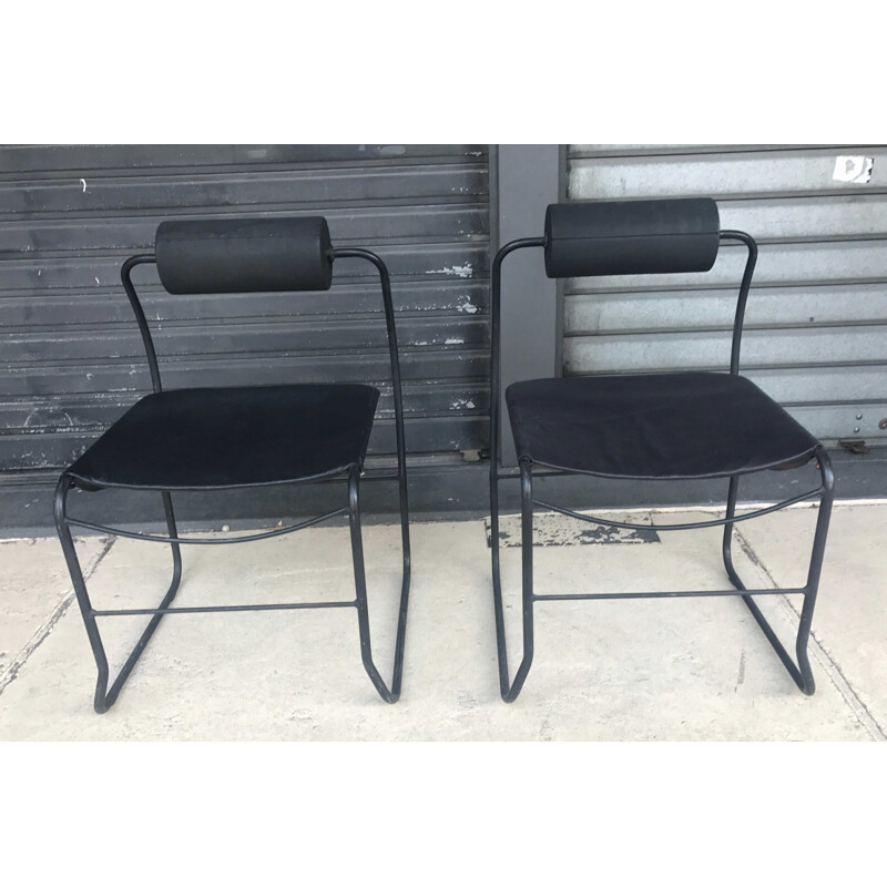 Pair of vintage armchairs in black leather and metal 1980
