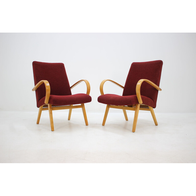 Set of 2 vintage armchairs in red fabric and wood 1960