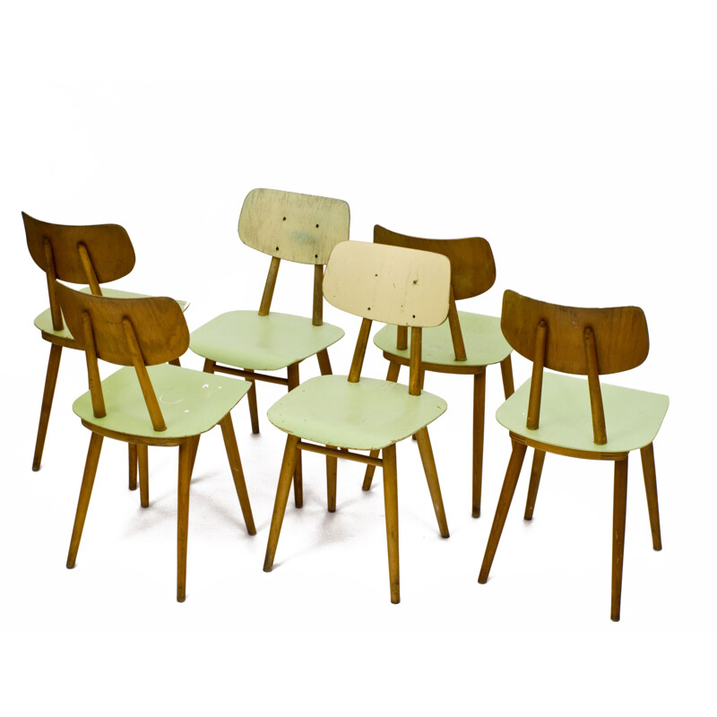 Ensemble de 6 chaises vintage vertes pour TON en contreplaqué 1960