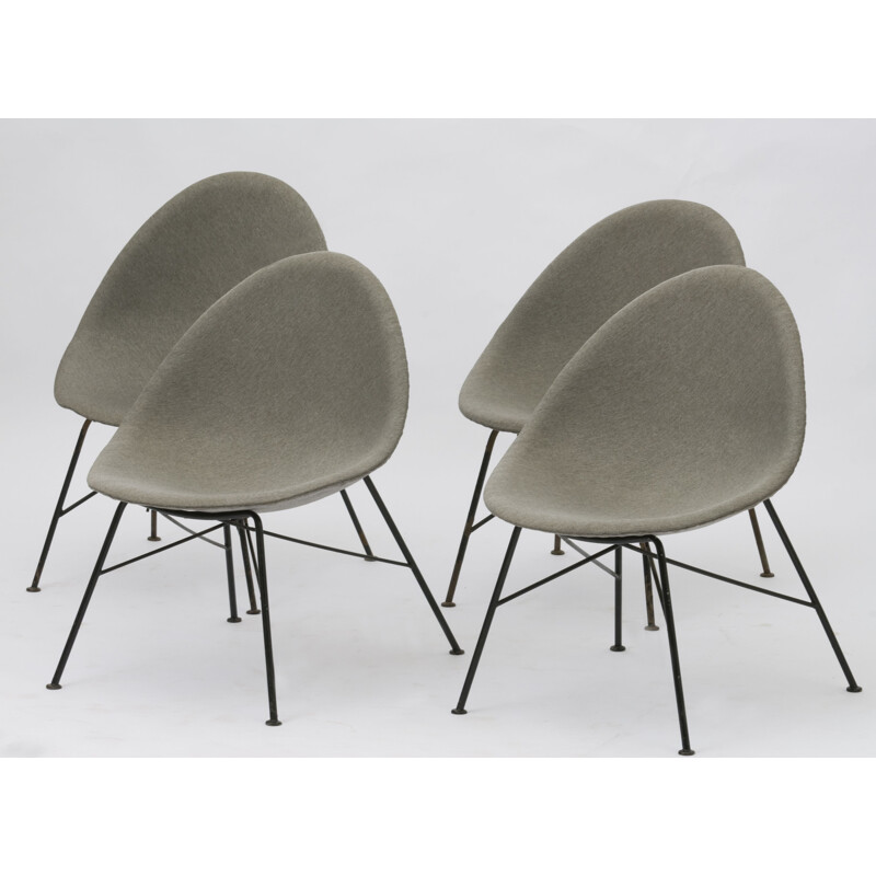 Ensemble de 4 chaises vintage en fibre de verre gris et acier 1960