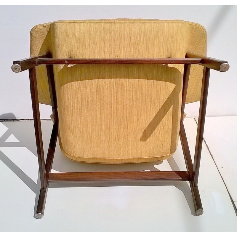 Vintage italian 849 armchair for Cassina in yellow fabric and wood 1950