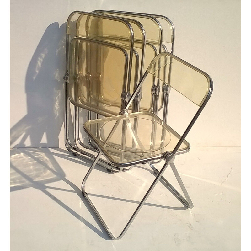 Ensemble de 5 chaises vintage Plia jaunes pour Castelli en perspex et aluminium 1970