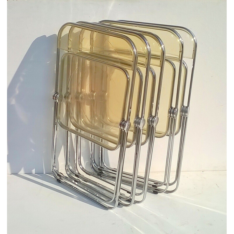 Ensemble de 5 chaises vintage Plia jaunes pour Castelli en perspex et aluminium 1970