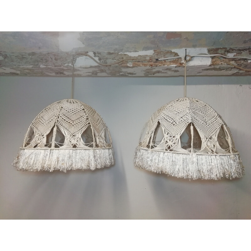 Pair of vintage macrame hanging lamps in metal 1980