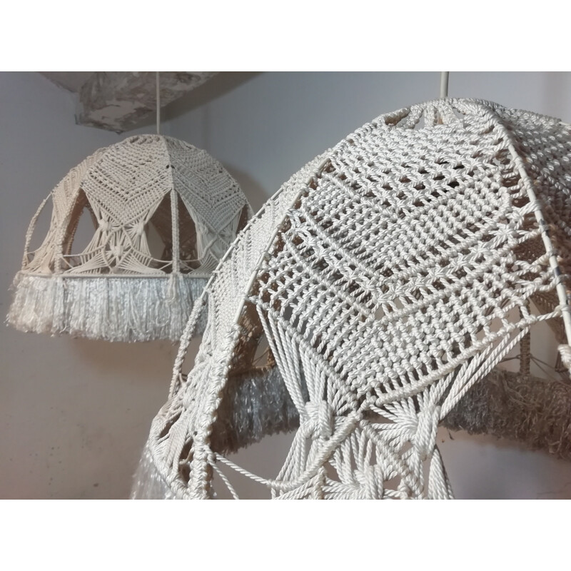 Pair of vintage macrame hanging lamps in metal 1980