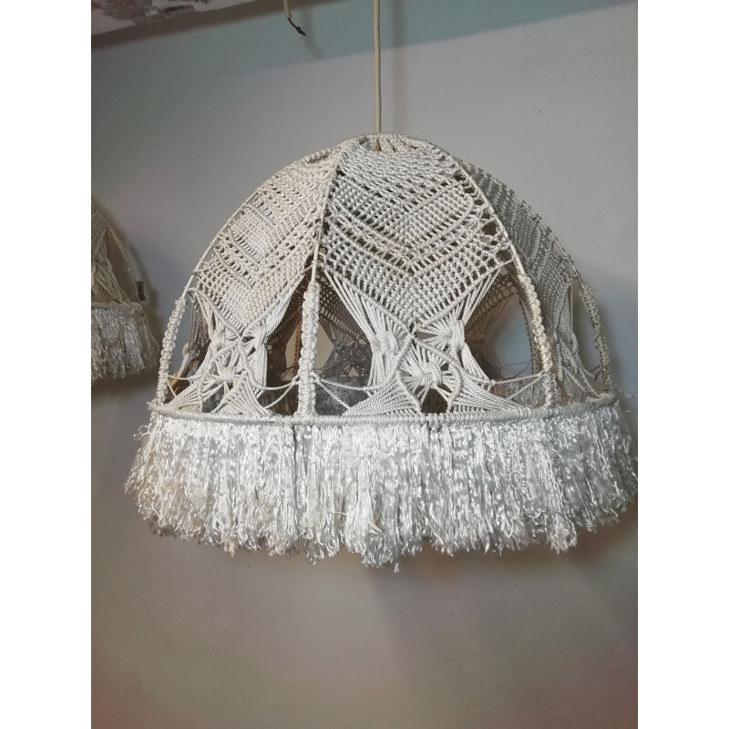 Pair of vintage macrame hanging lamps in metal 1980