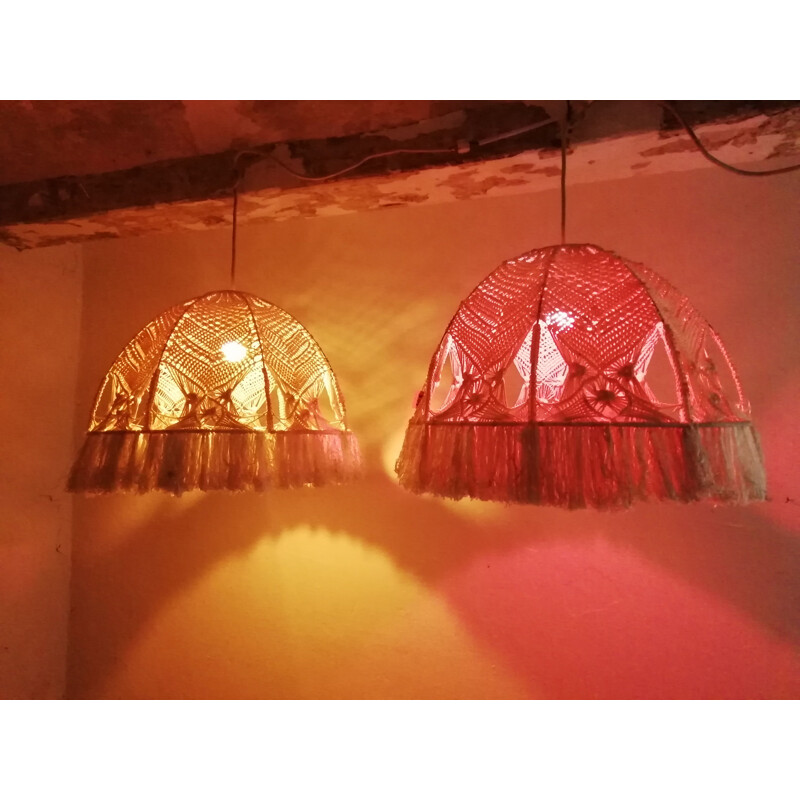 Pair of vintage macrame hanging lamps in metal 1980