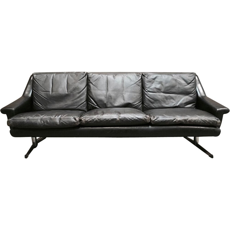 Vintage black 3-seater sofa in fully leather and chrome,1950