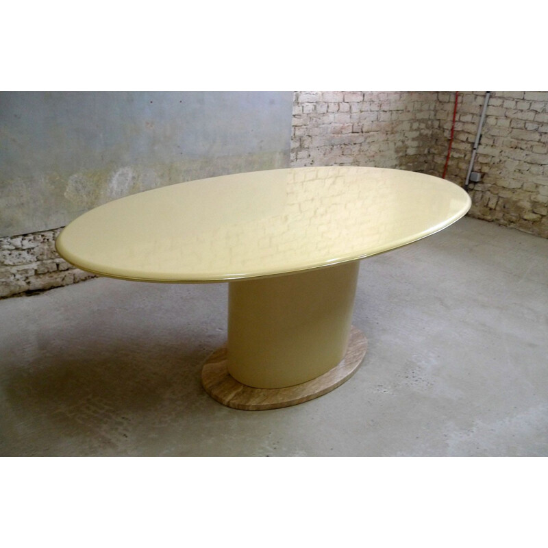 Vintage oval dining table in lacquer and travertine 1980