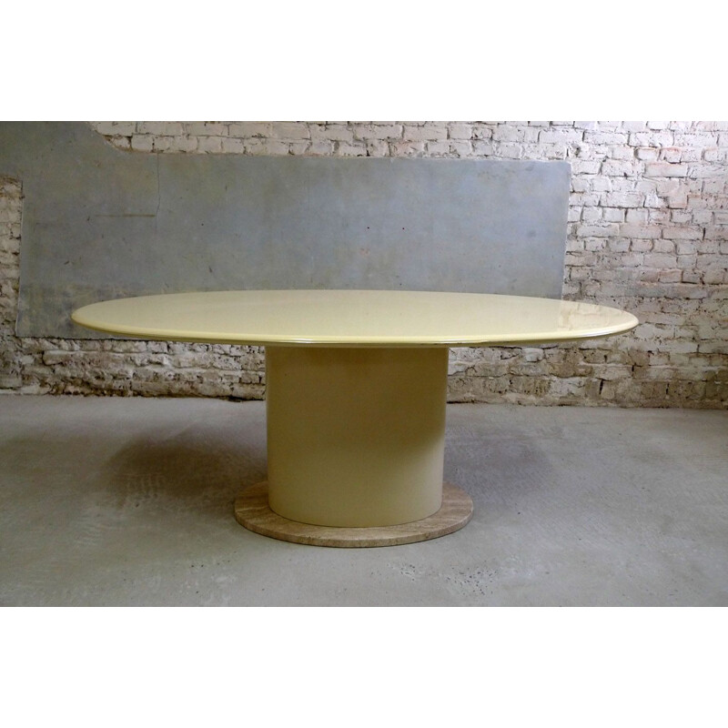 Vintage oval dining table in lacquer and travertine 1980