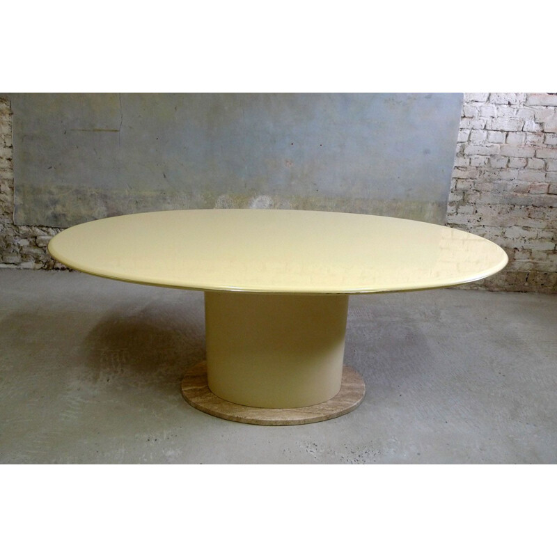 Vintage oval dining table in lacquer and travertine 1980