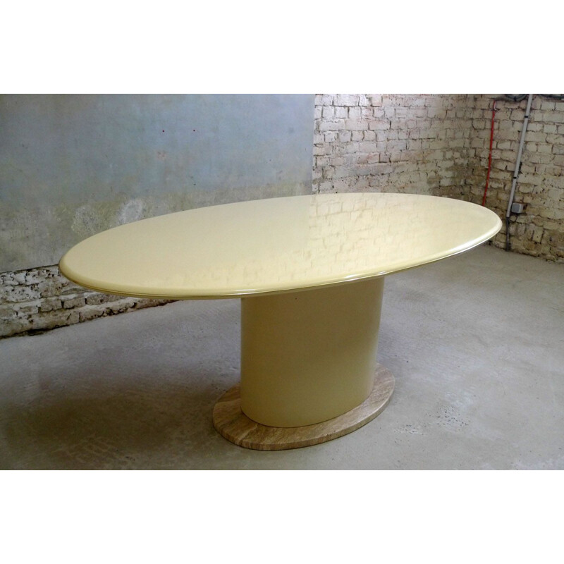 Vintage oval dining table in lacquer and travertine 1980