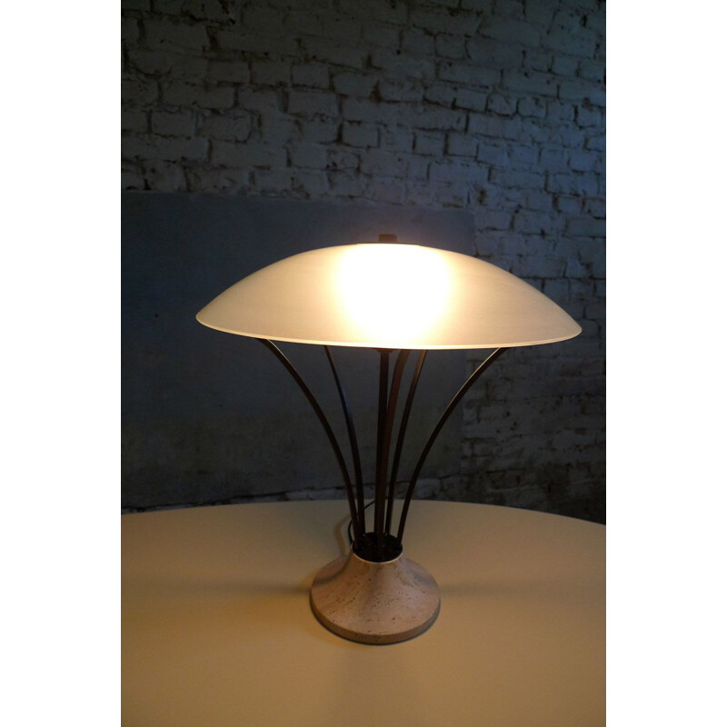 lampe de table vintage en verre métal & travertin 1980