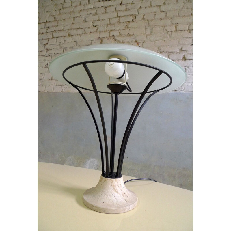 Vintage table lamp in glass metal & travertine 1980