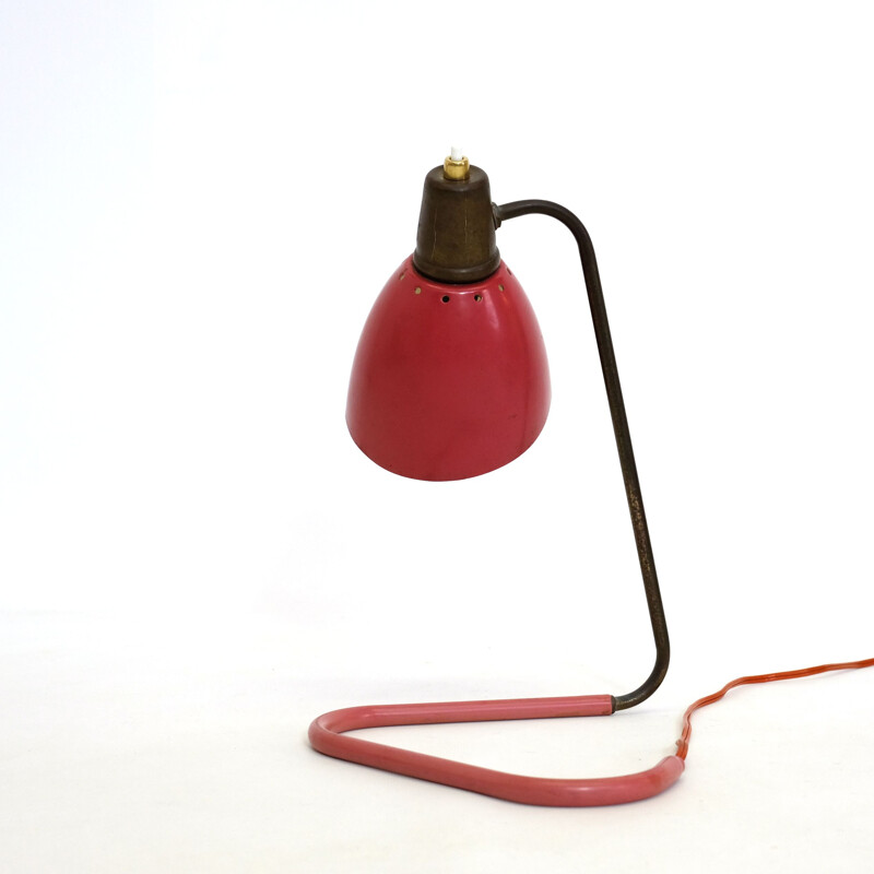 Lampe vintage rouge et or par Robert Caillat 1950