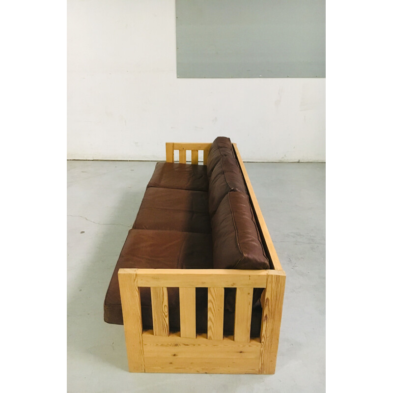 Canapé vintage en bois et cuir 1960
