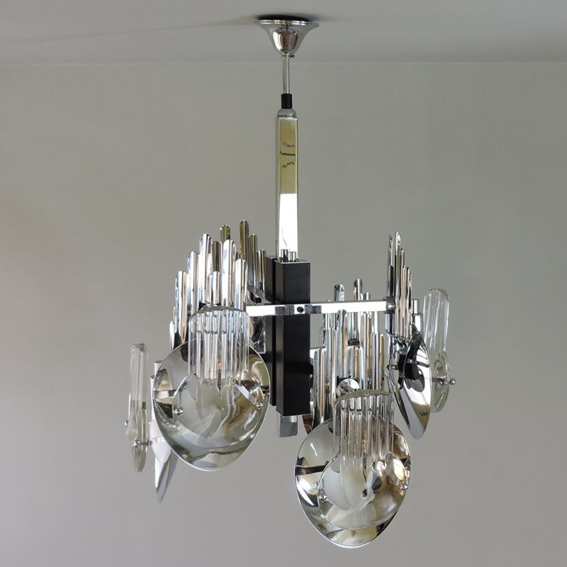 Vintage chrome-plated metal chandelier by Oscar Torlasco, 1970