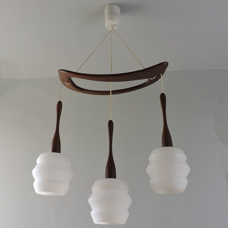 Vintage teak chandelier Jean Rispal France 1950