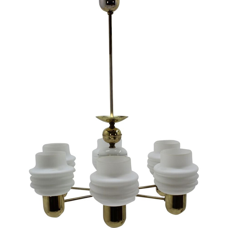 Vintage chandelier by Kamenický Šenov in brass and milk glass 1960